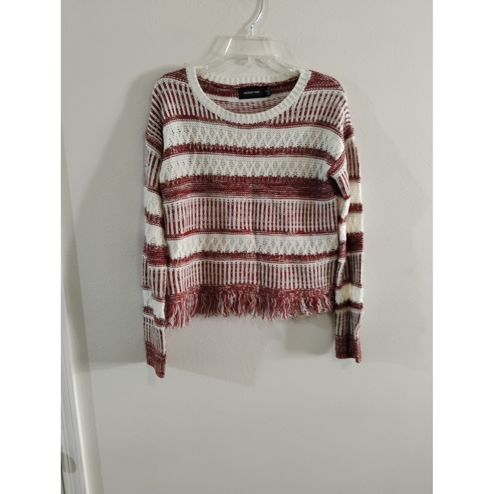 Minkpink Womens Red White Striped Fringe Hem Knit Sweater Small Long Sleeve